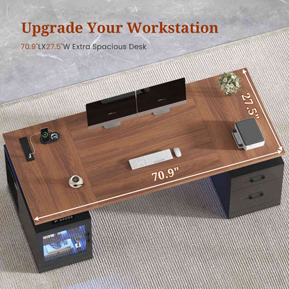 71" Electric Standing Desk with Drawers Glass Cabinet LED Walnut