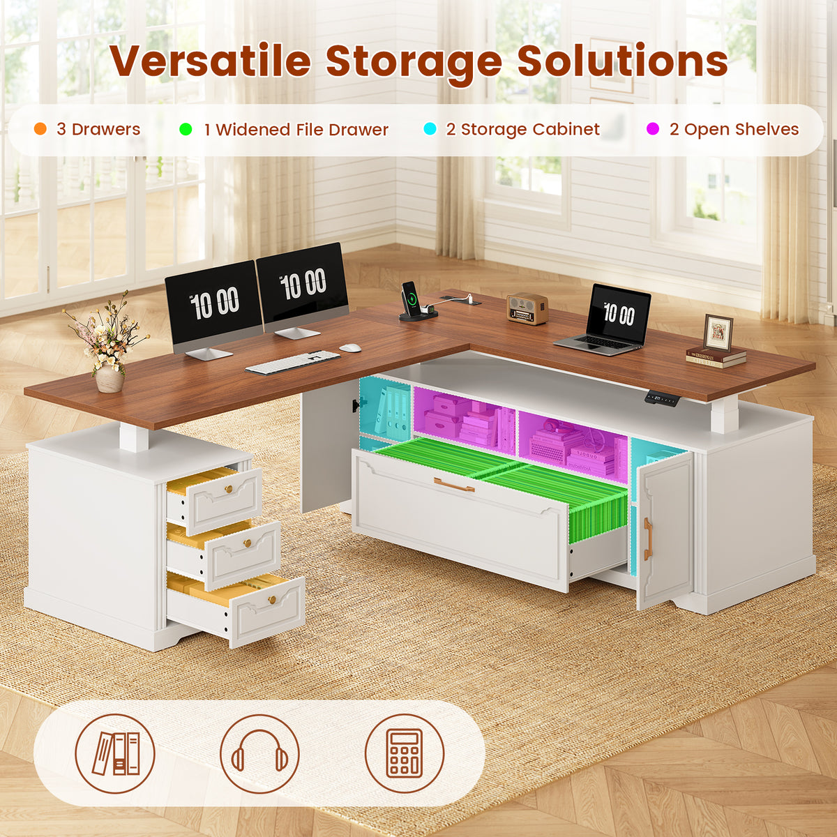 Electric Standing Desk with Storage Drawers and Cabinets White walnut