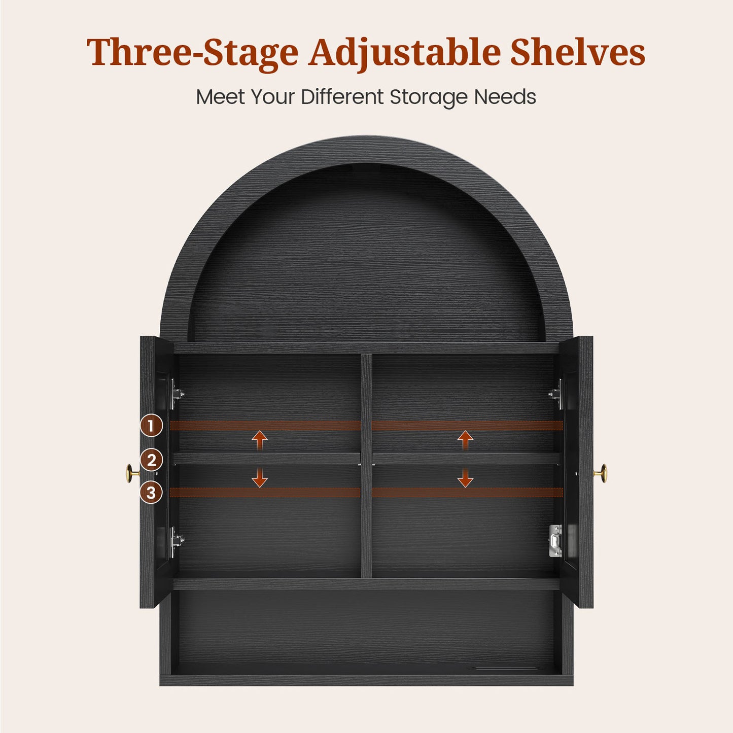 Arched Bathroom Wall Cabinet with Adjustable Shelves Black