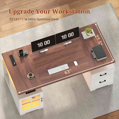 63" Farmhouse Electric Standing Desk with Glass Cabinet White