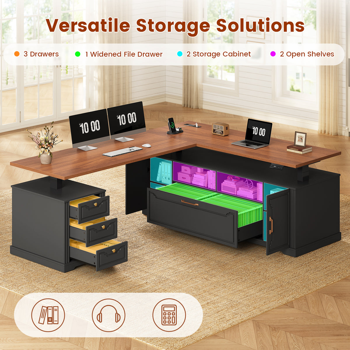 Electric Standing Desk with Storage Drawers and Cabinets Black walnut
