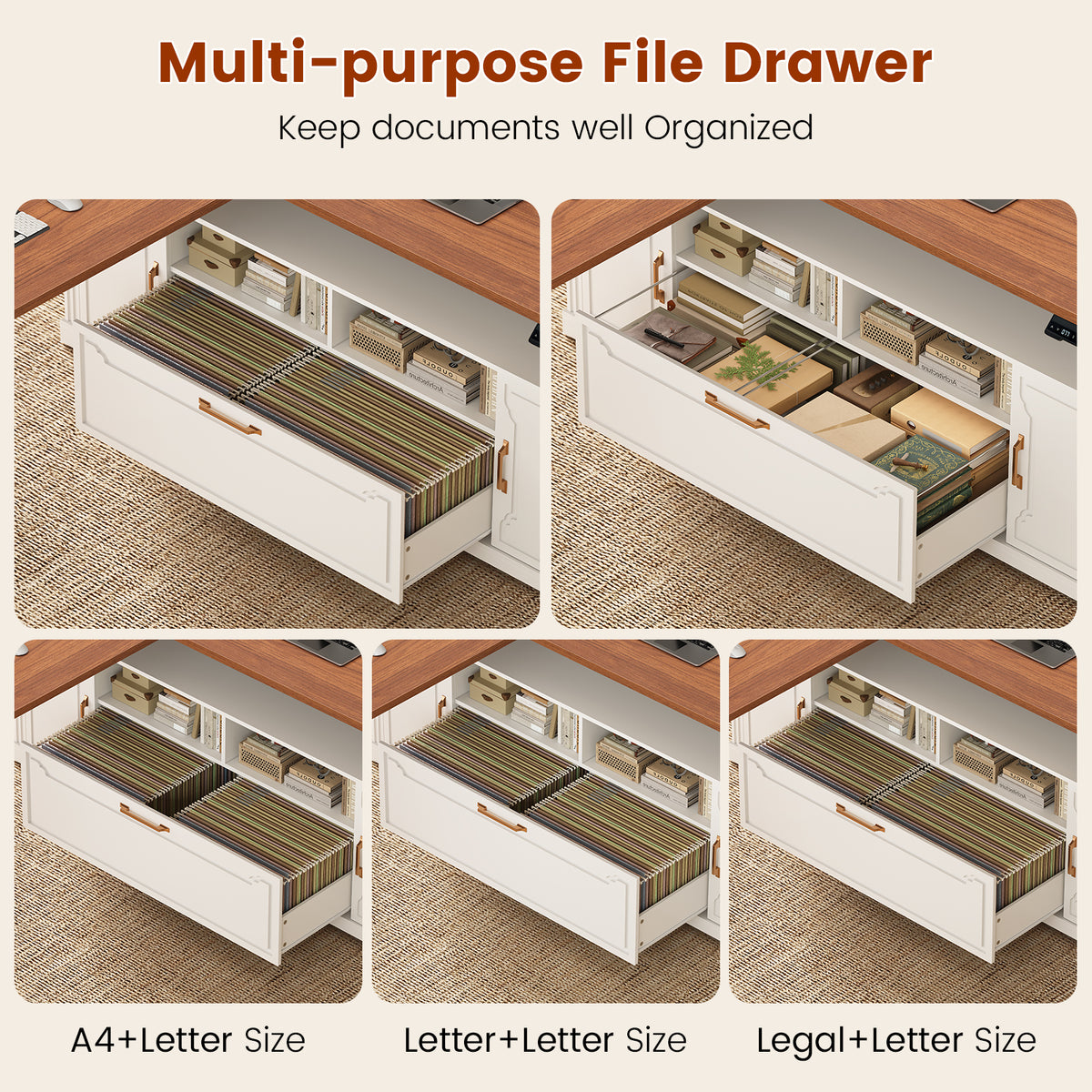 Electric Standing Desk with Storage Drawers and Cabinets White walnut