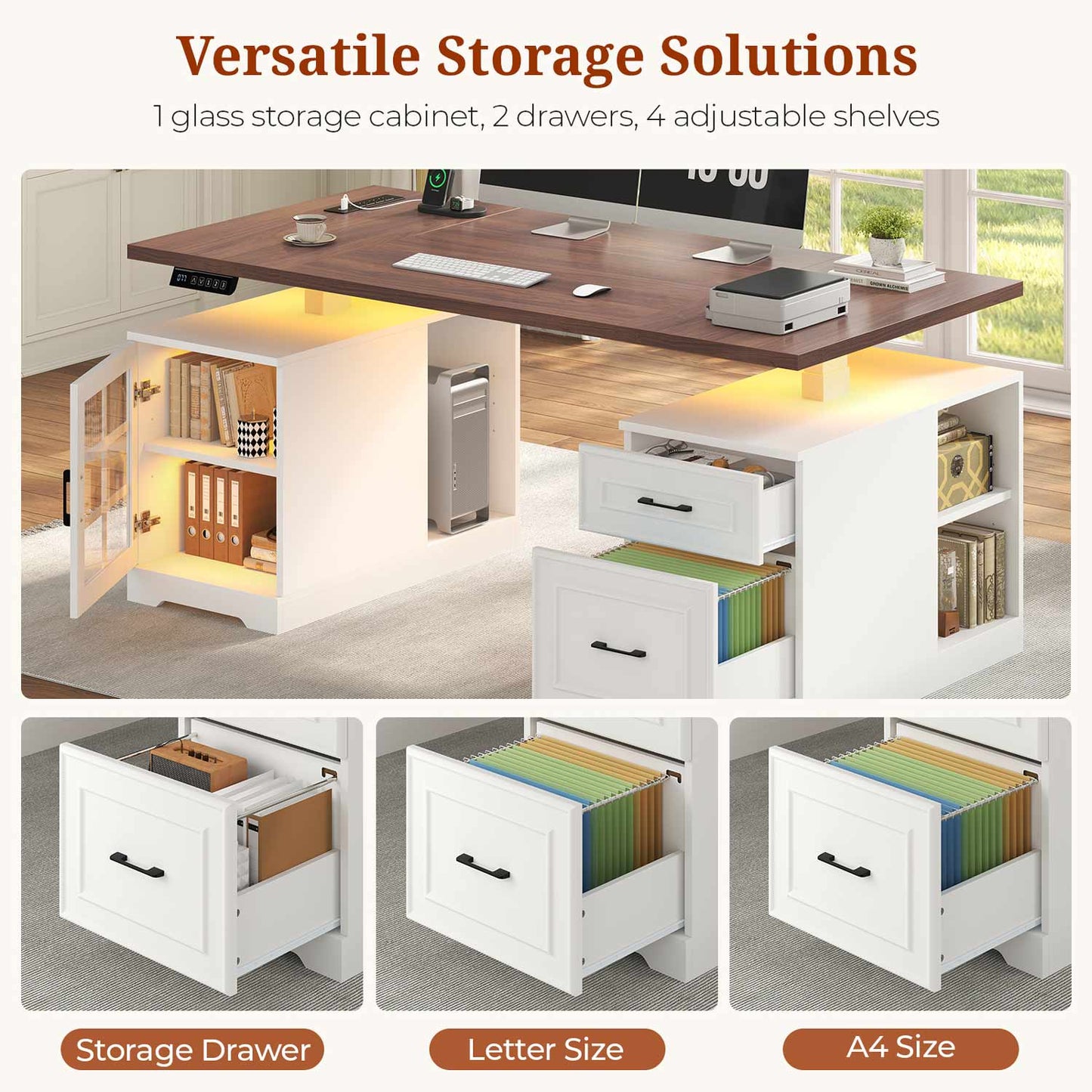 63" Farmhouse Electric Standing Desk with Glass Cabinet White