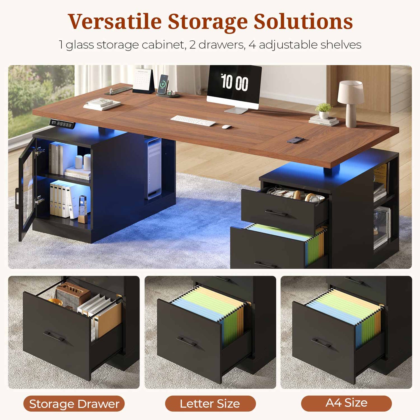 71" Electric Standing Desk with Drawers Glass Cabinet LED Walnut
