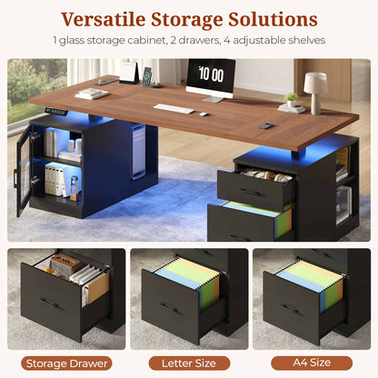 71" Electric Standing Desk with Drawers Glass Cabinet LED Walnut