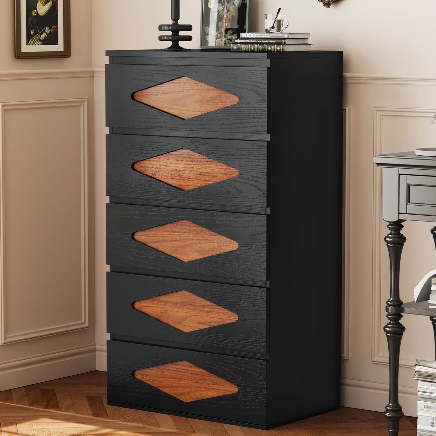 with 5 Chest of Wooden Drawers Closet Storage Dressers Organizer Black - Brown