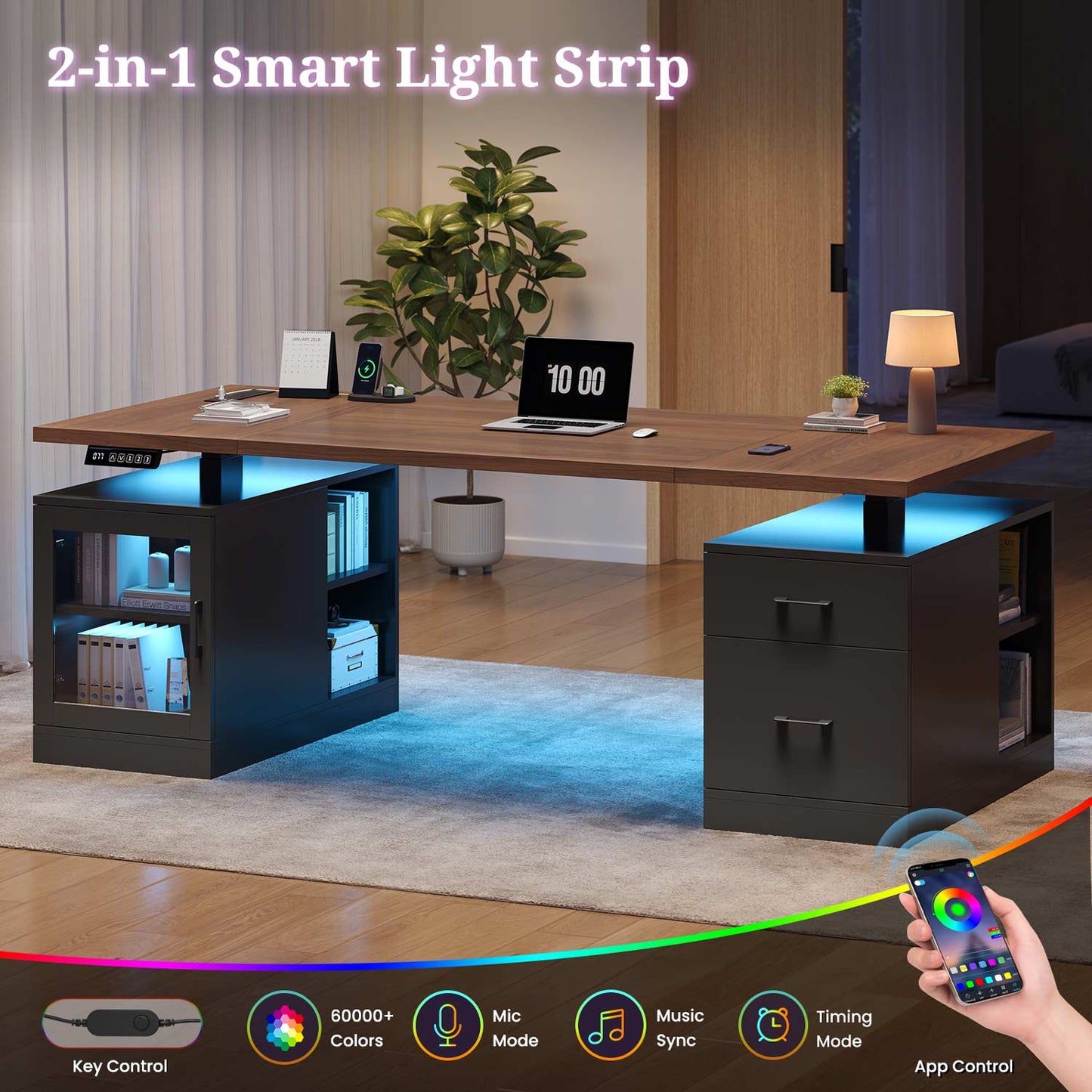 71" Electric Standing Desk with Drawers Glass Cabinet LED Walnut