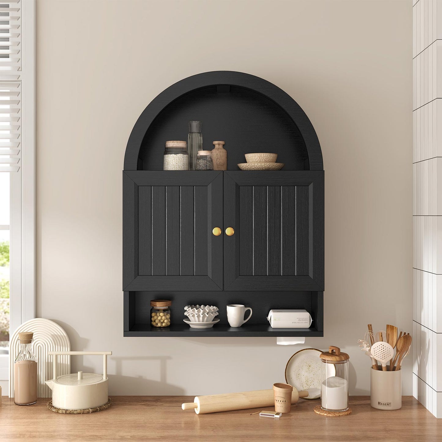 Arched Bathroom Wall Cabinet with Adjustable Shelves Black