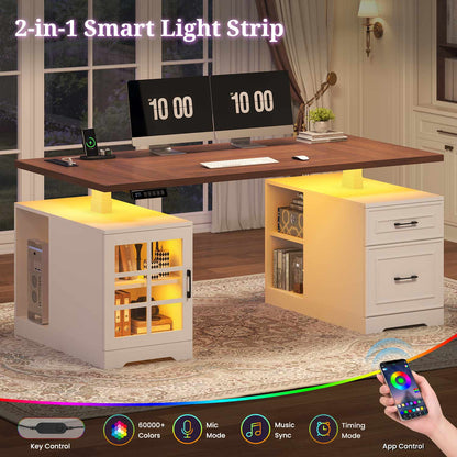 63" Farmhouse Electric Standing Desk with Glass Cabinet White