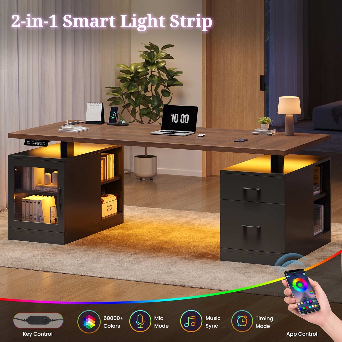 71" Electric Standing Desk with Drawers Glass Cabinet LED Walnut