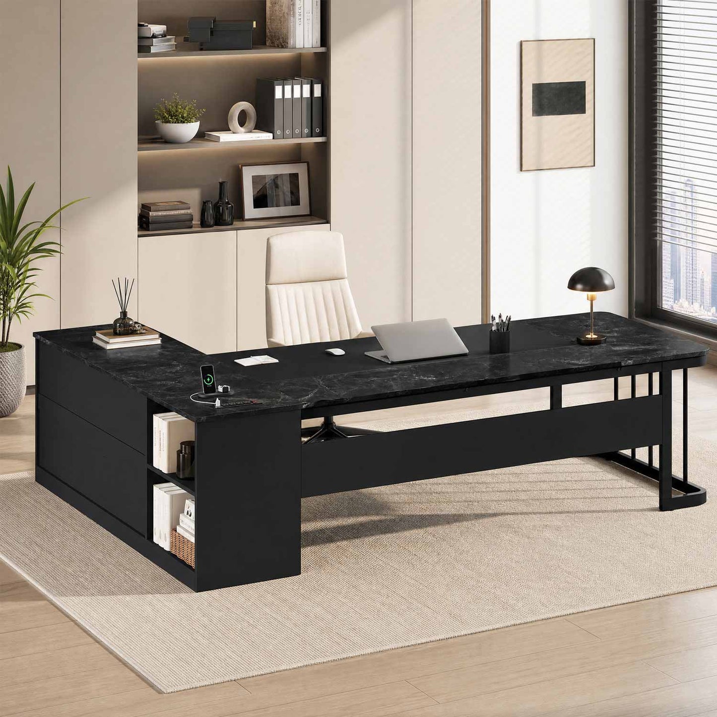 78.7" L Shaped Executive Desk with Drawers Storage Shelves Black