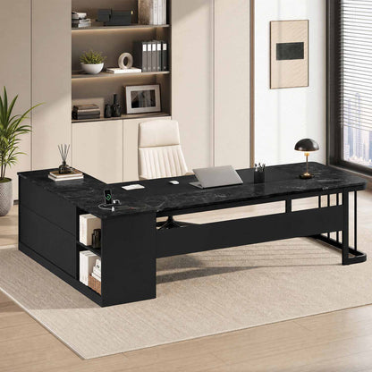 78.7" L Shaped Executive Desk with Drawers Storage Shelves Black