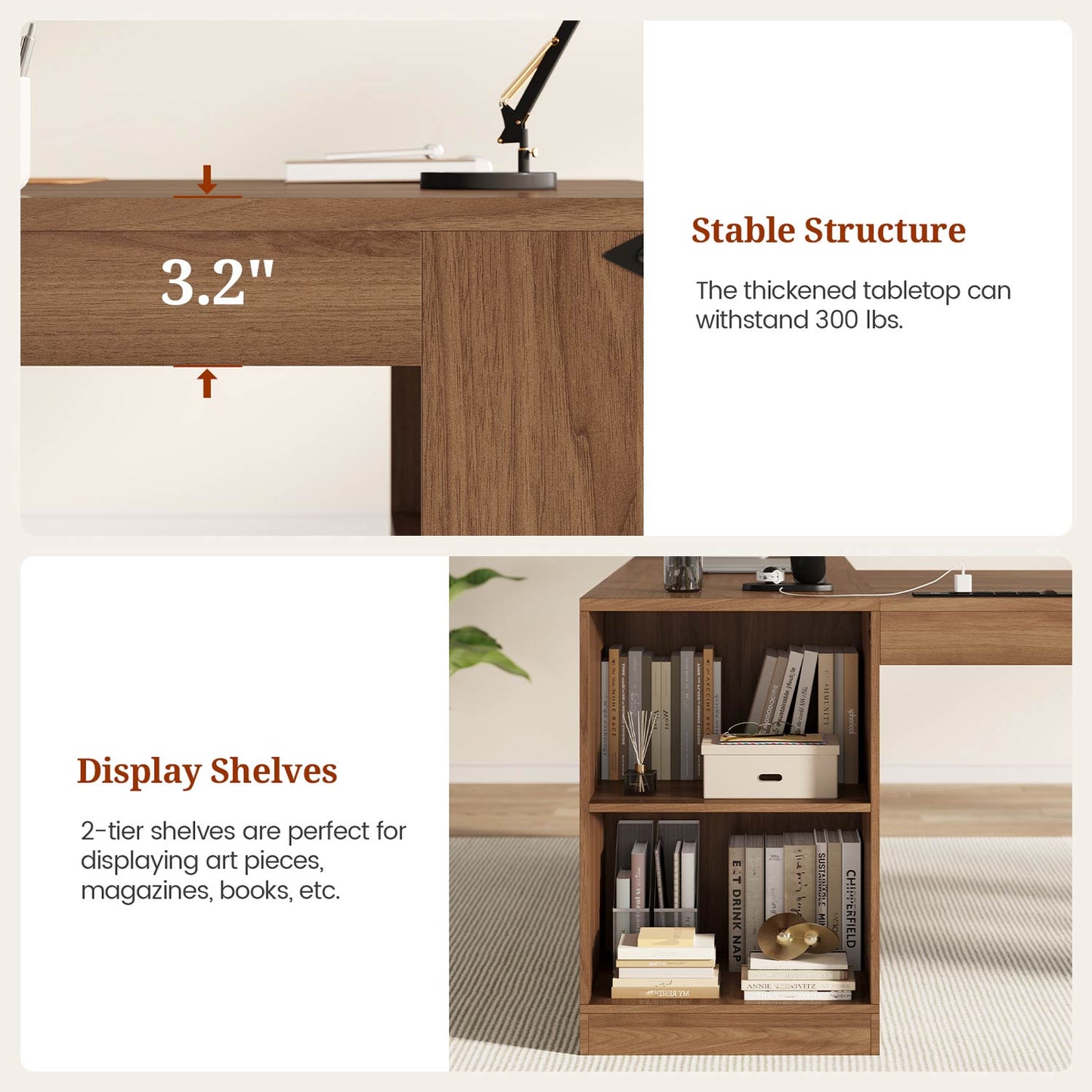 71" L Shaped Executive Desk with Storage and Power Walnut