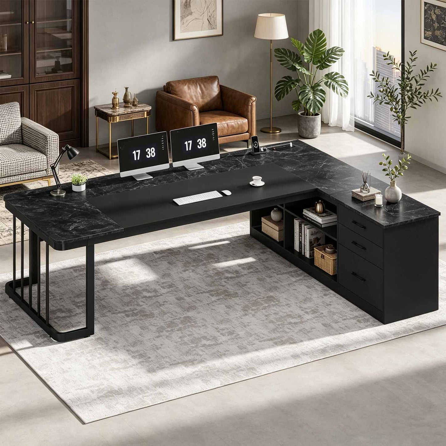 78.7" L Shaped Executive Desk with Drawers Storage Shelves Black