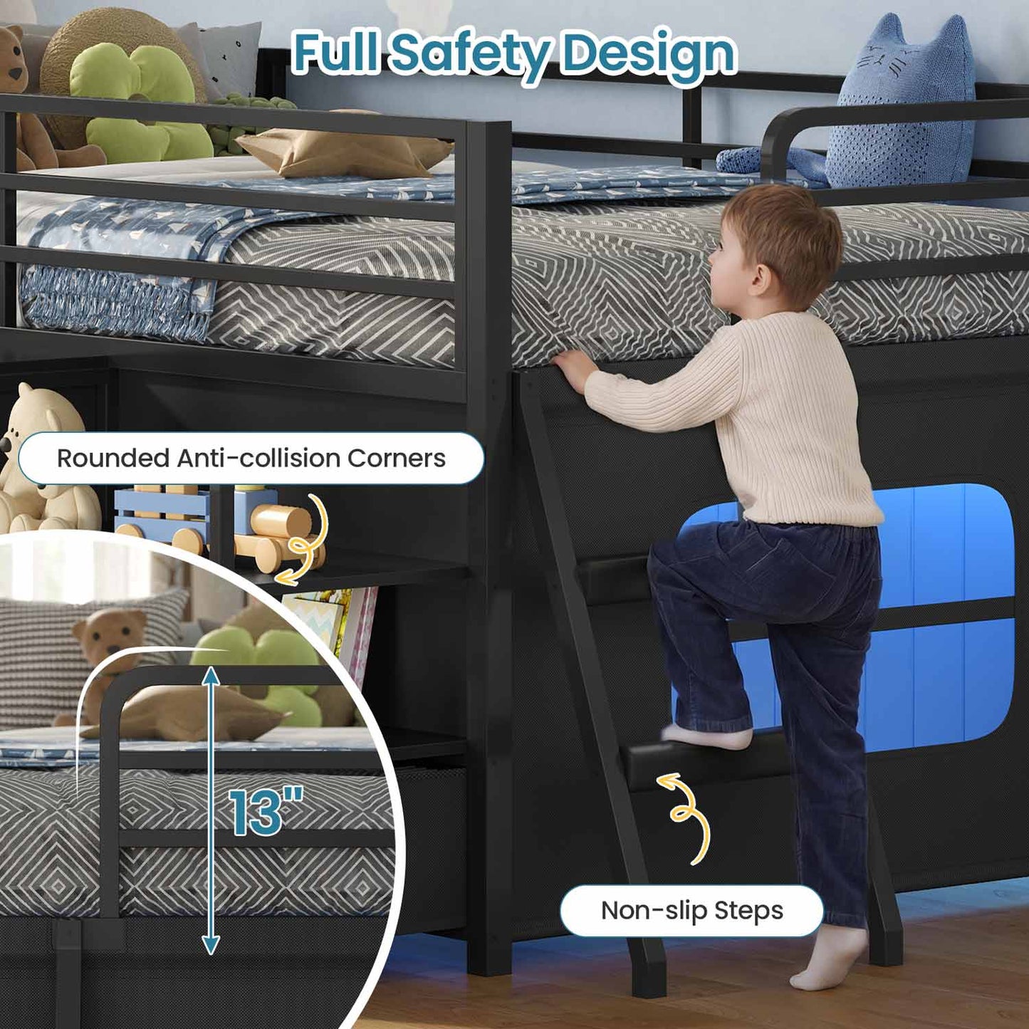 Twin Size Low Loft Bed with Storage Shelves Drawers and LED Lights Black