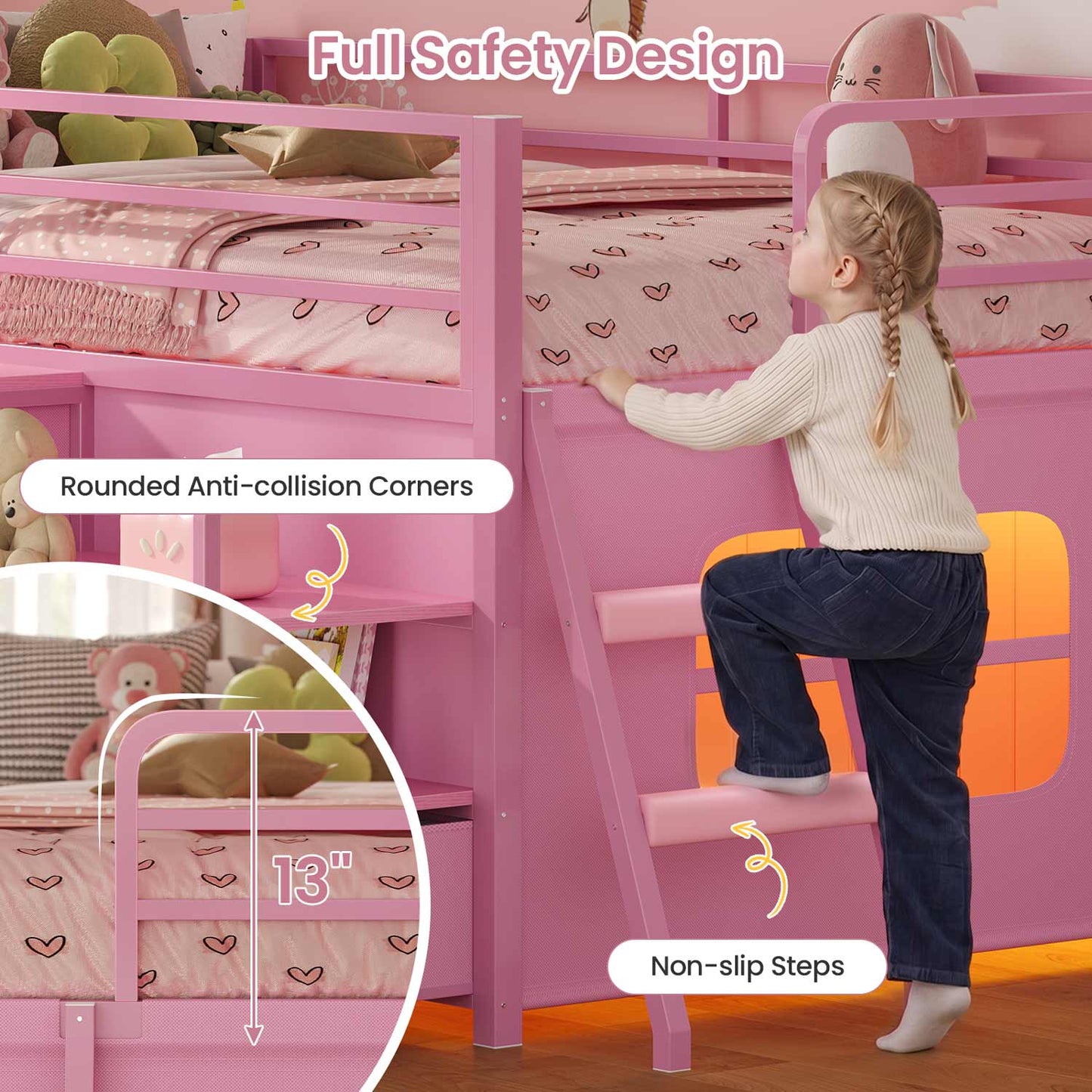 Twin Size Low Loft Bed with Storage Shelves Drawers and LED Lights Pink