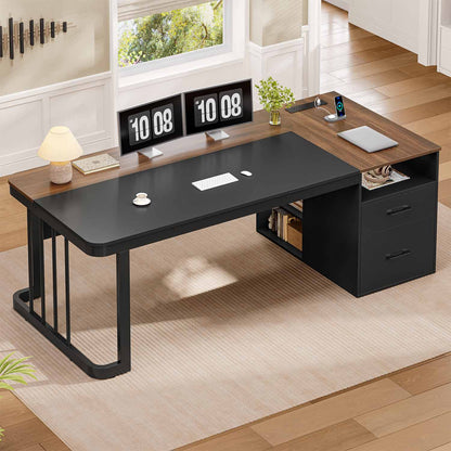 70.9" Power Outlet Desk with Adjustable Storage Shelves Walnut