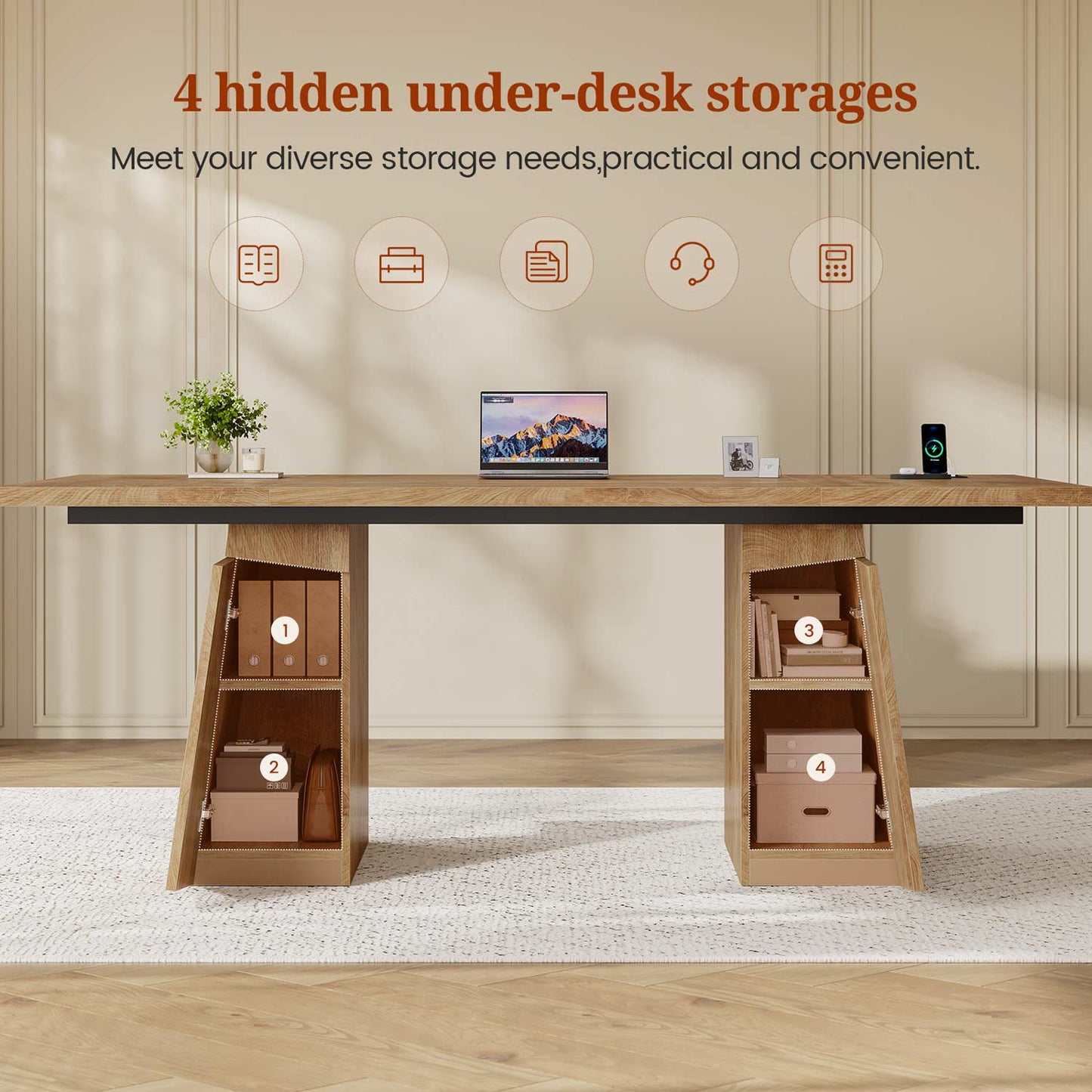 Executive Desk with Power Outlet and Storage Cabinet – Oak