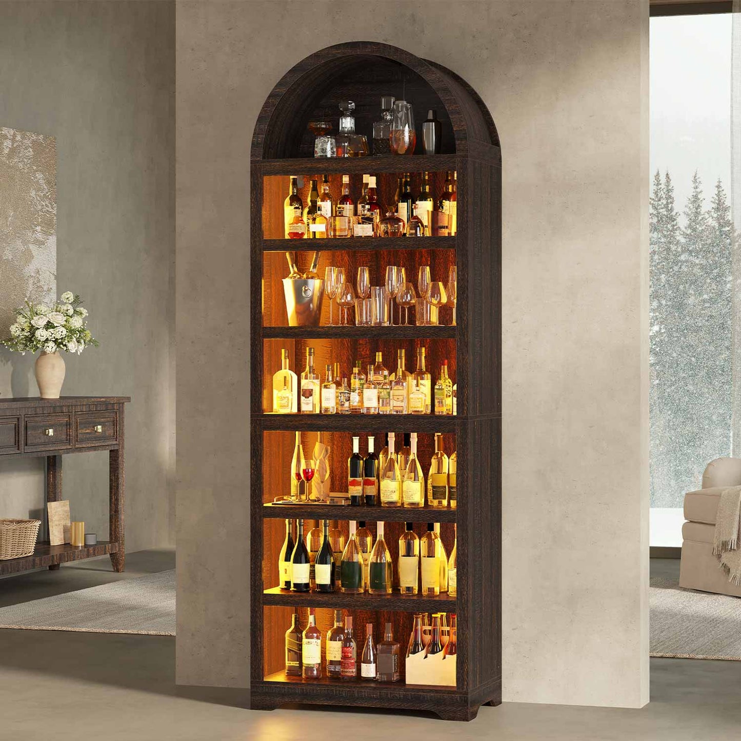 79.4" Tall Arched Cabinet with RGB Light & Adjustable Shelf Walnut