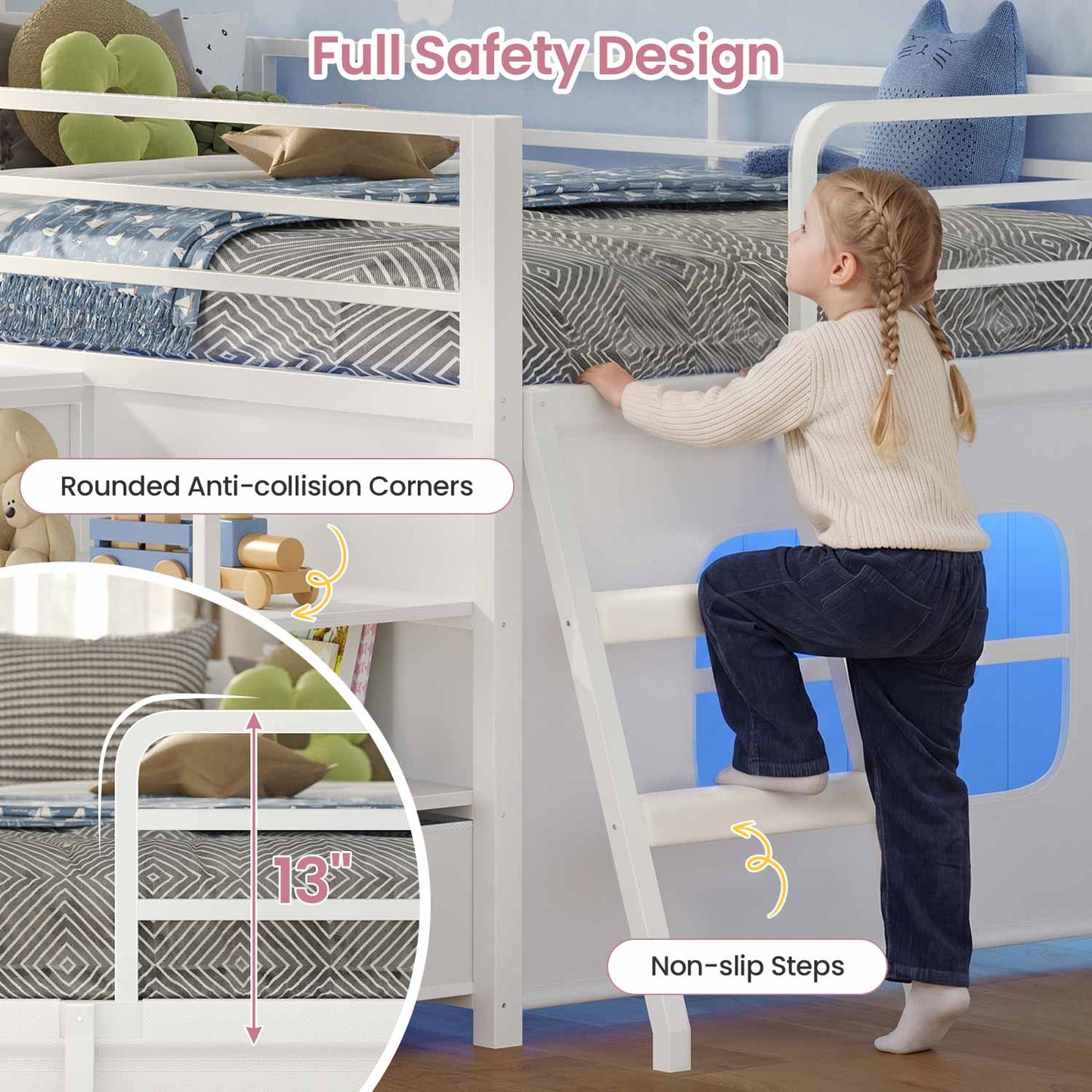 Twin Size Low Loft Bed with Storage Shelves Drawers and LED Lights White