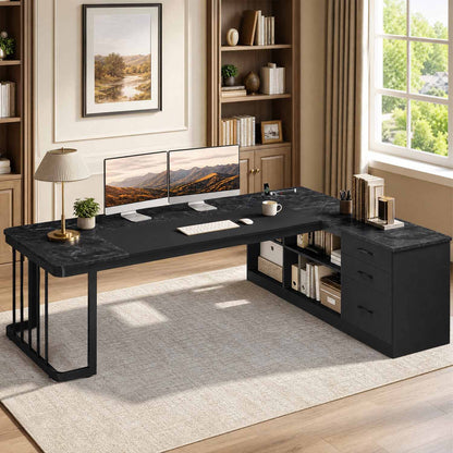 78.7" L Shaped Executive Desk with Drawers Storage Shelves Black
