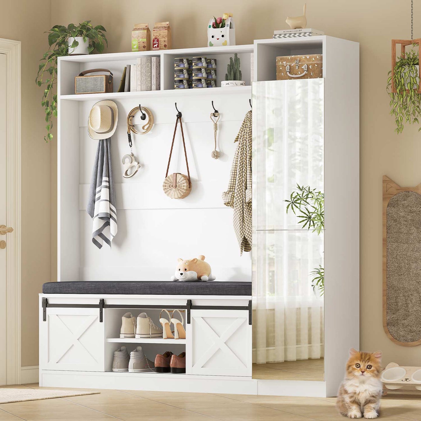 60" Hall Tree with Bench, Shoe Storage and Mirror