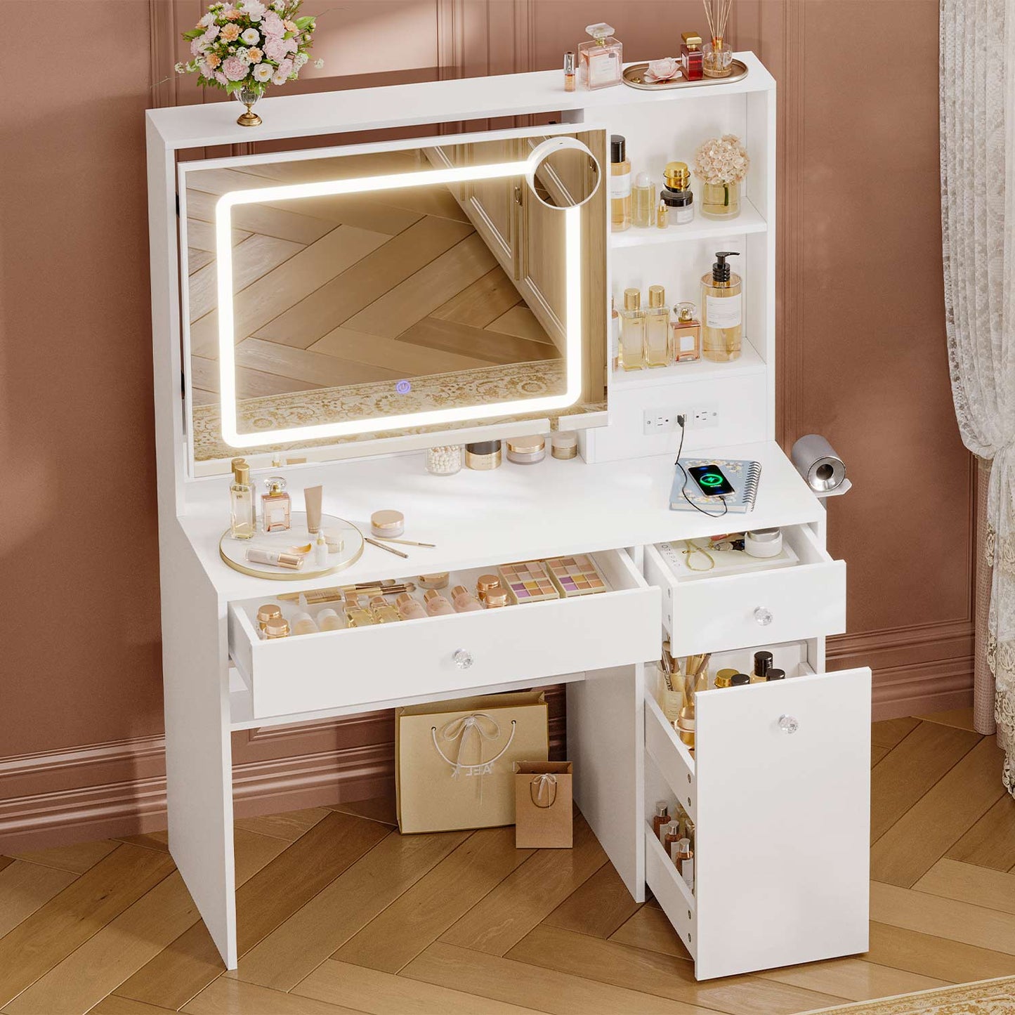 35.4" Normal Makeup Vanity with Pull-Out LED Mirror White