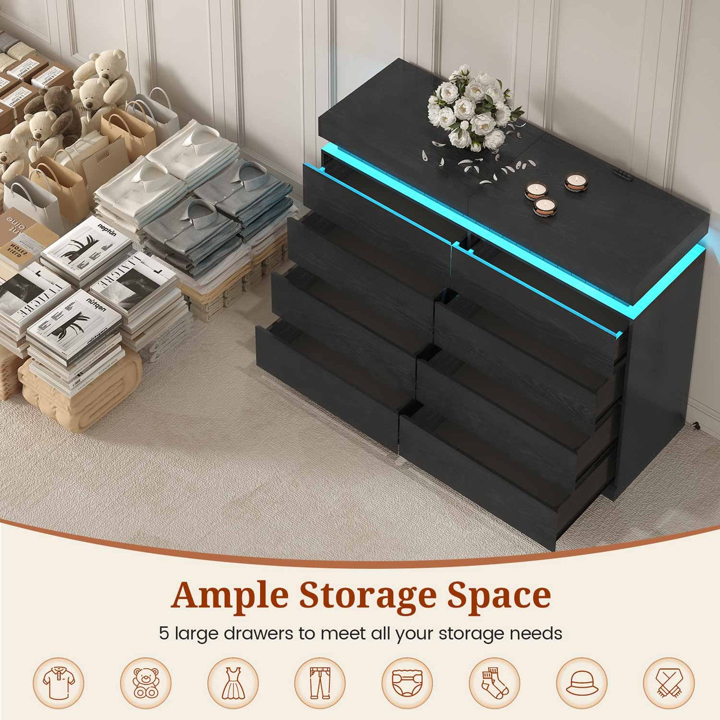 Tall 8 Dresser with Sliding Top Storage Space Black