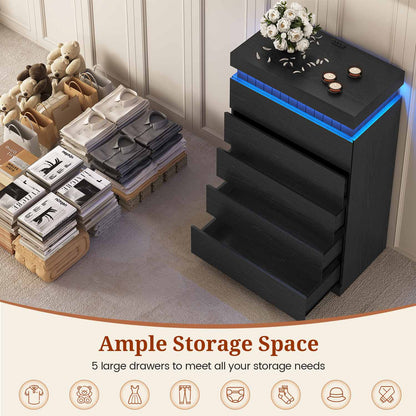 Modern Wood 6 Dresser  with LED Light and Power Outlet,Black