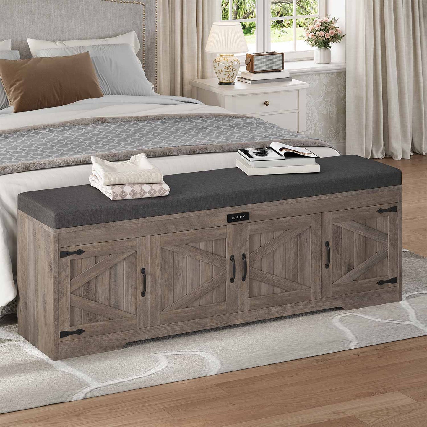 60" Entryway Storage Bench with Cushioned Seat  Gray Wash