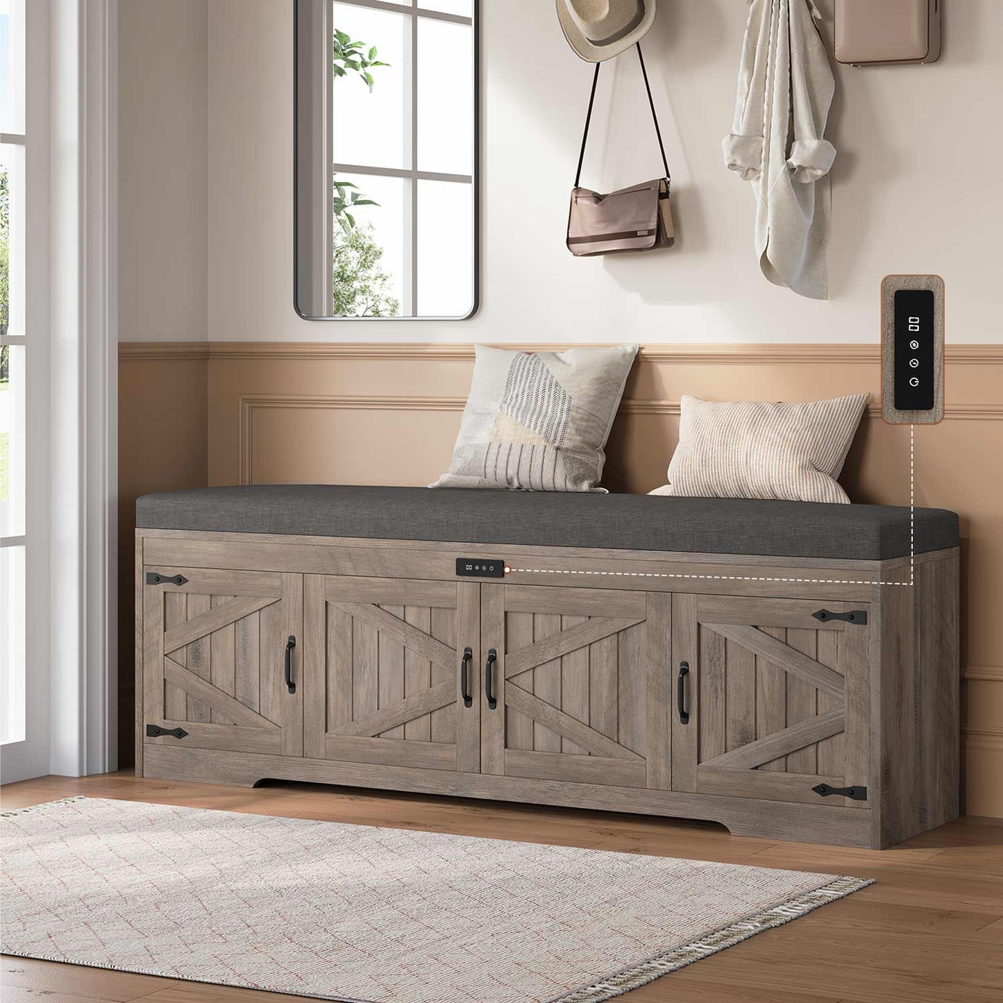 60" Entryway Storage Bench with Cushioned Seat  Gray Wash