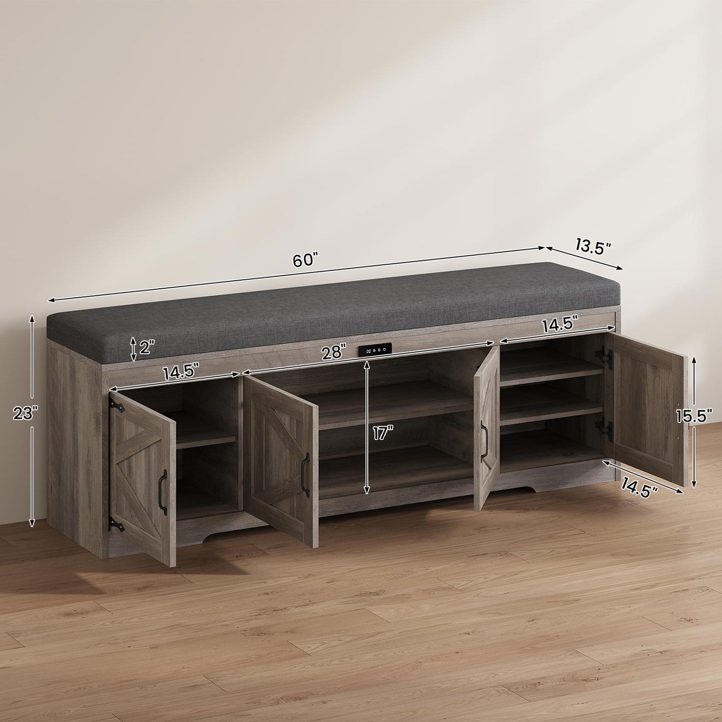 60" Entryway Storage Bench with Cushioned Seat  Gray Wash