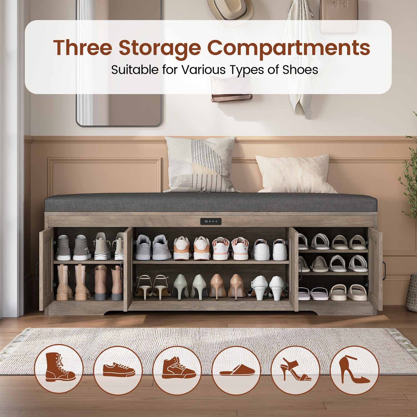60" Entryway Storage Bench with Cushioned Seat  Gray Wash
