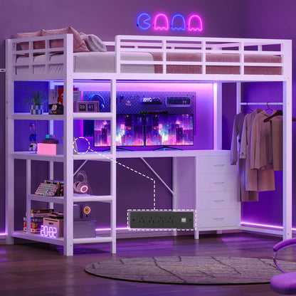 Twin Loft Bed with L Shape Desk RGB LED Light White