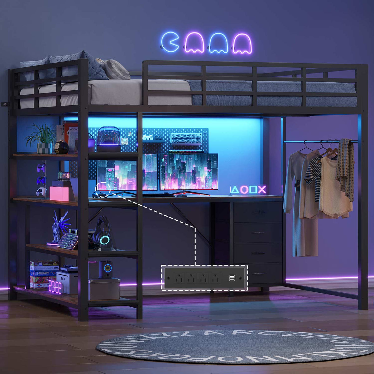 Full Size Loft Bed with L Shaped Desk LED Light and Storage Black