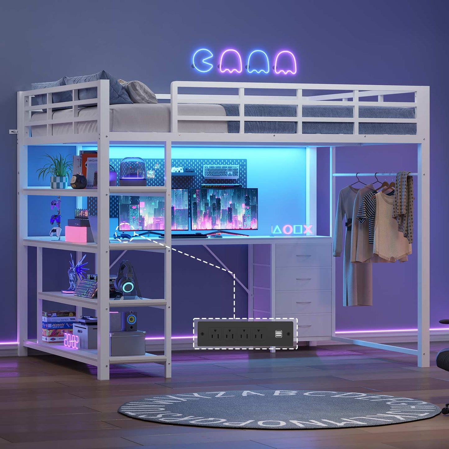Full Size Loft Bed with L Shaped Desk LED Light and Storage White