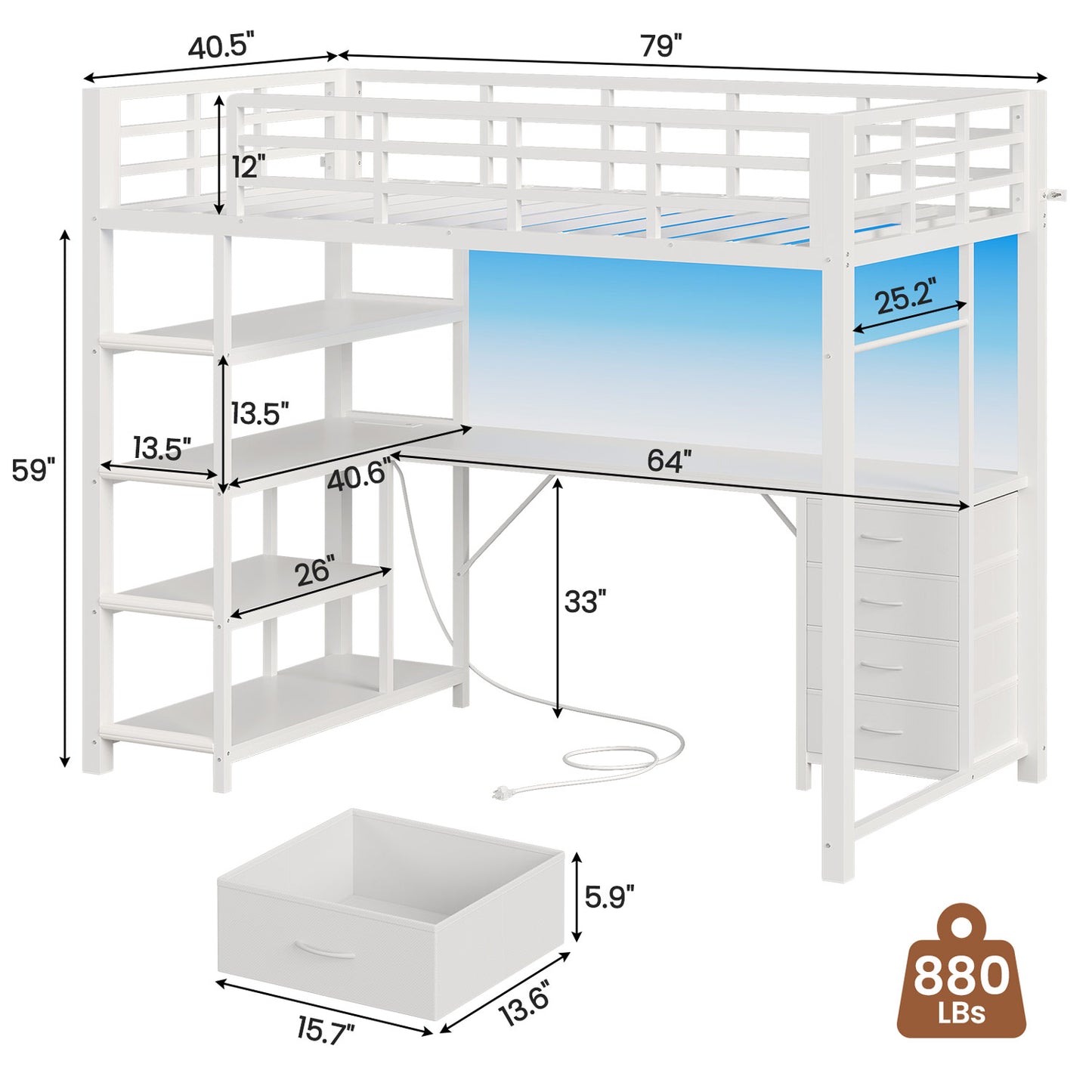 Twin Loft Bed with L Shape Desk RGB LED Light White