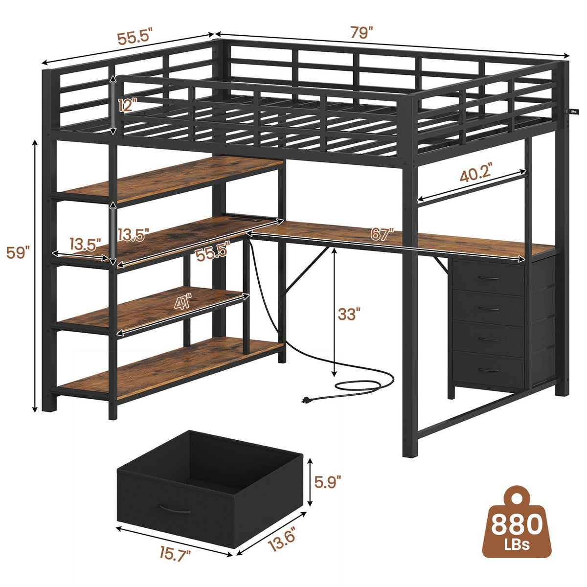 Full Size Loft Bed with L Shaped Desk LED Light and Storage Black