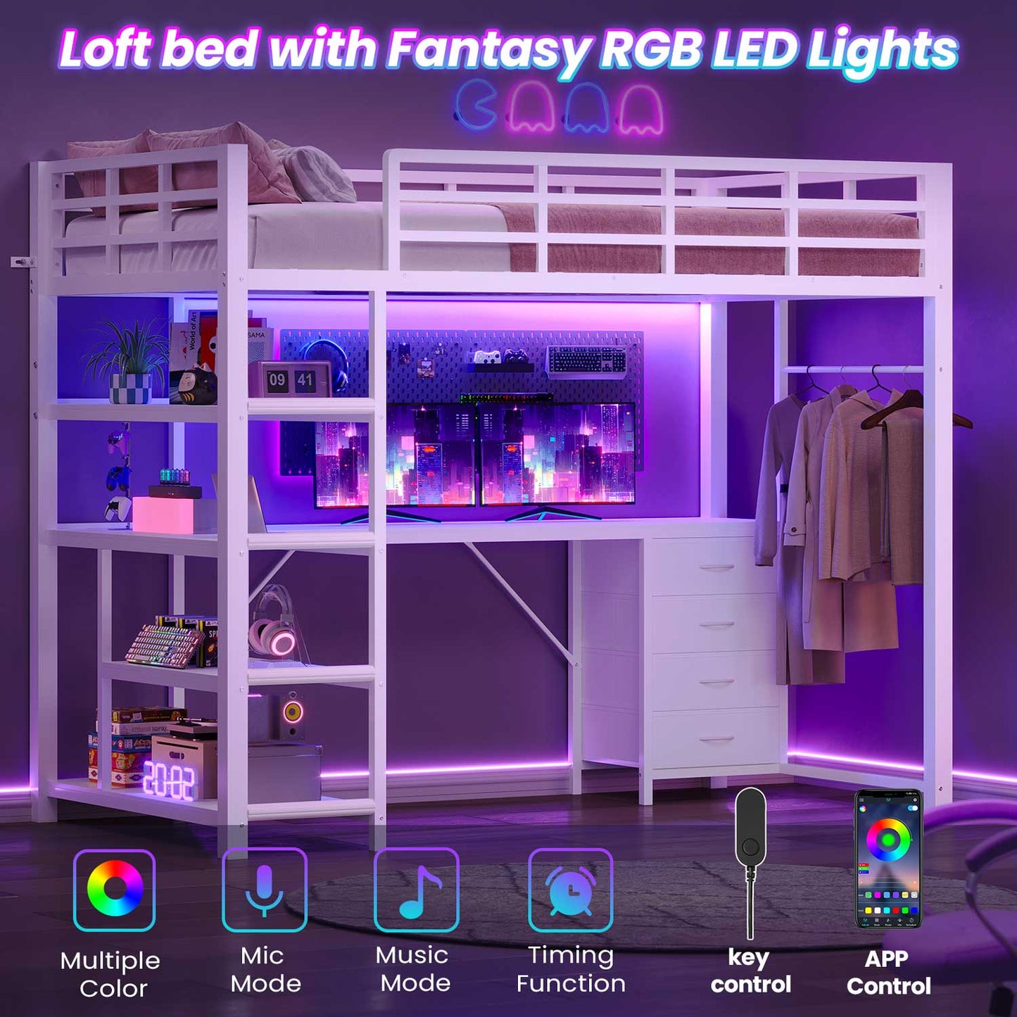 Twin Loft Bed with L Shape Desk RGB LED Light White