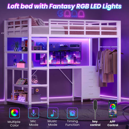 Twin Loft Bed with L Shape Desk RGB LED Light White