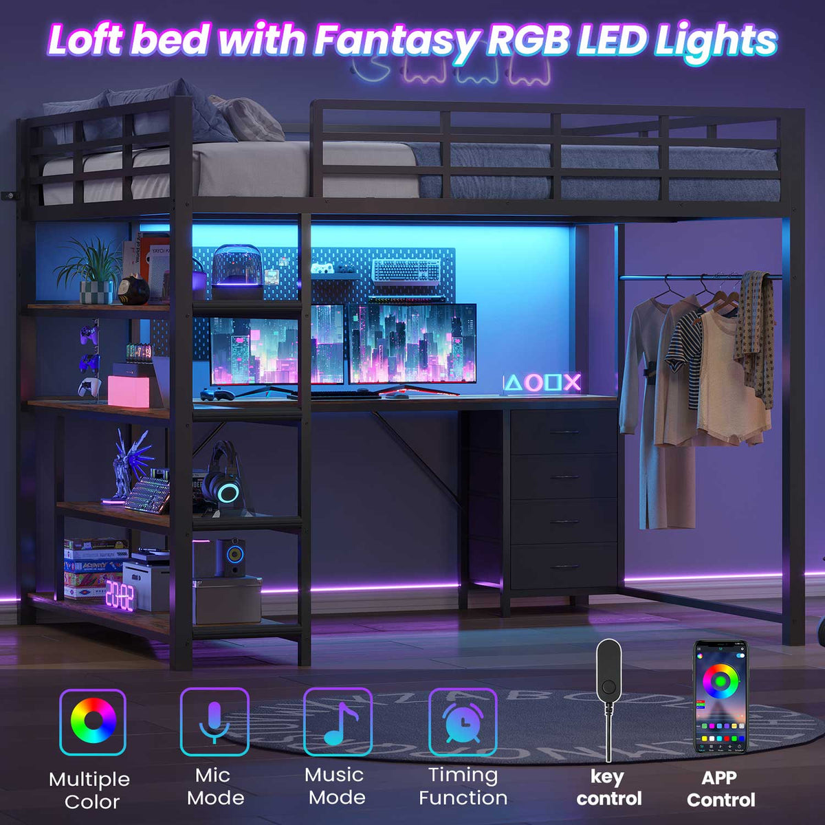 Full Size Loft Bed with L Shaped Desk LED Light and Storage Black
