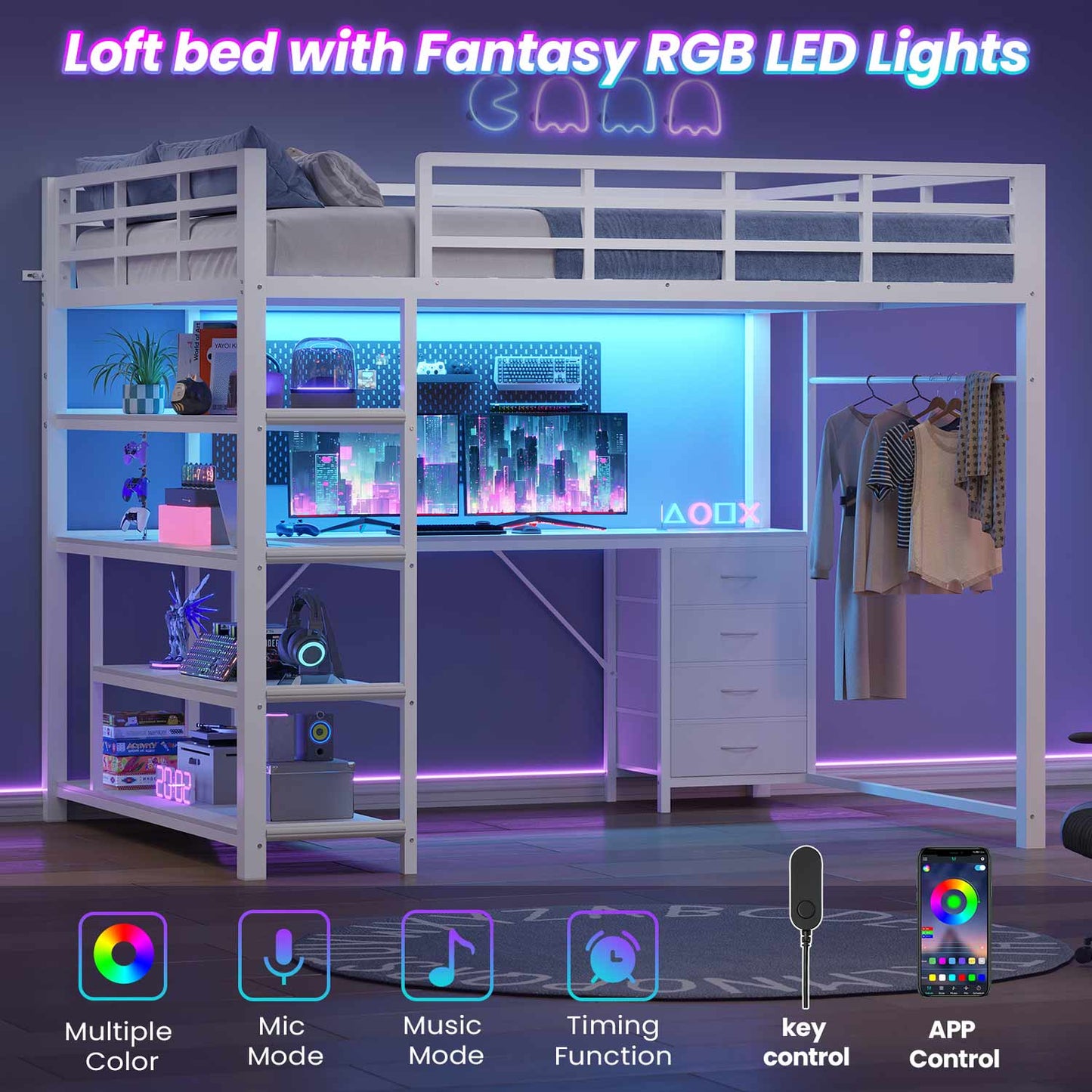 Full Size Loft Bed with L Shaped Desk LED Light and Storage White