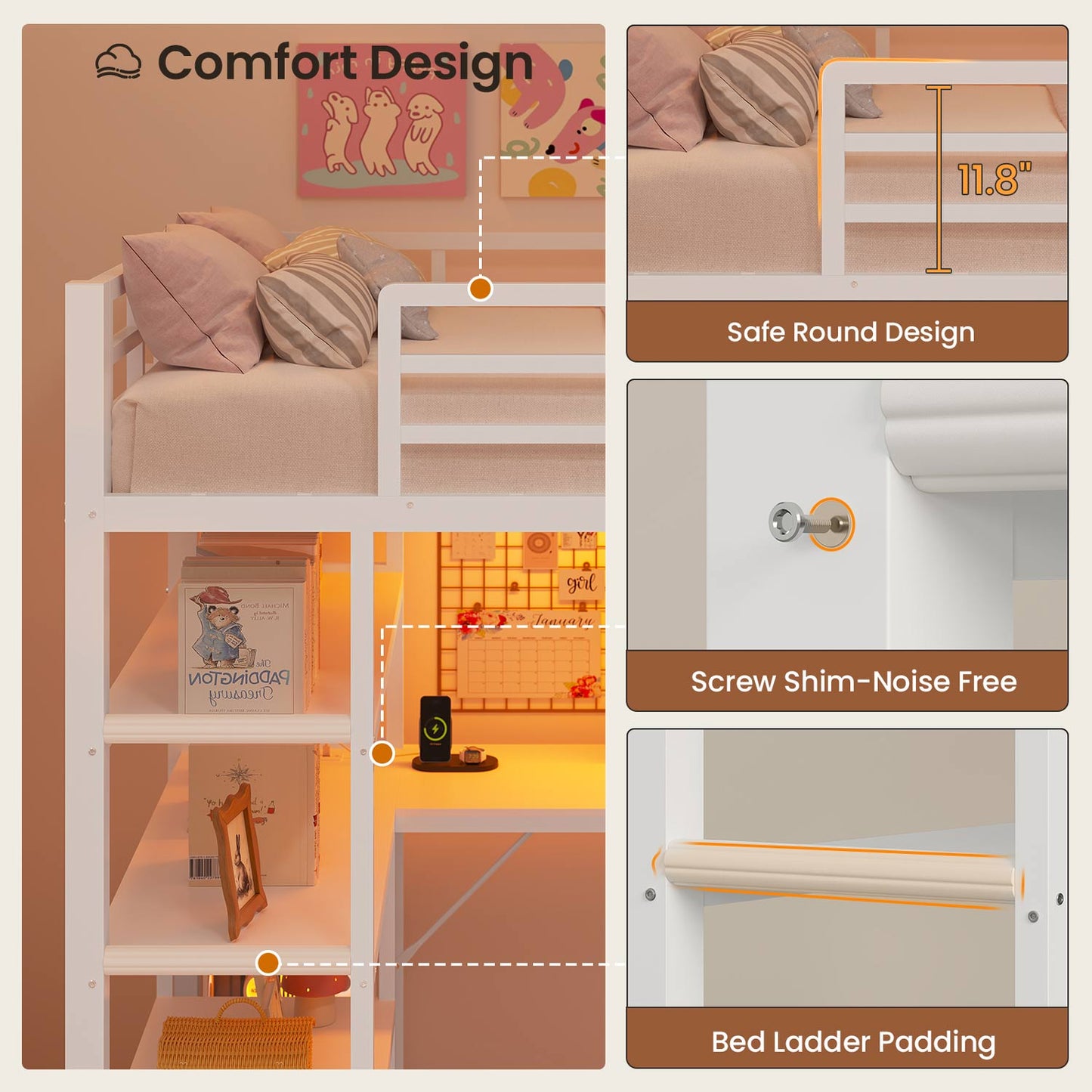 Twin Loft Bed with L Shape Desk RGB LED Light White