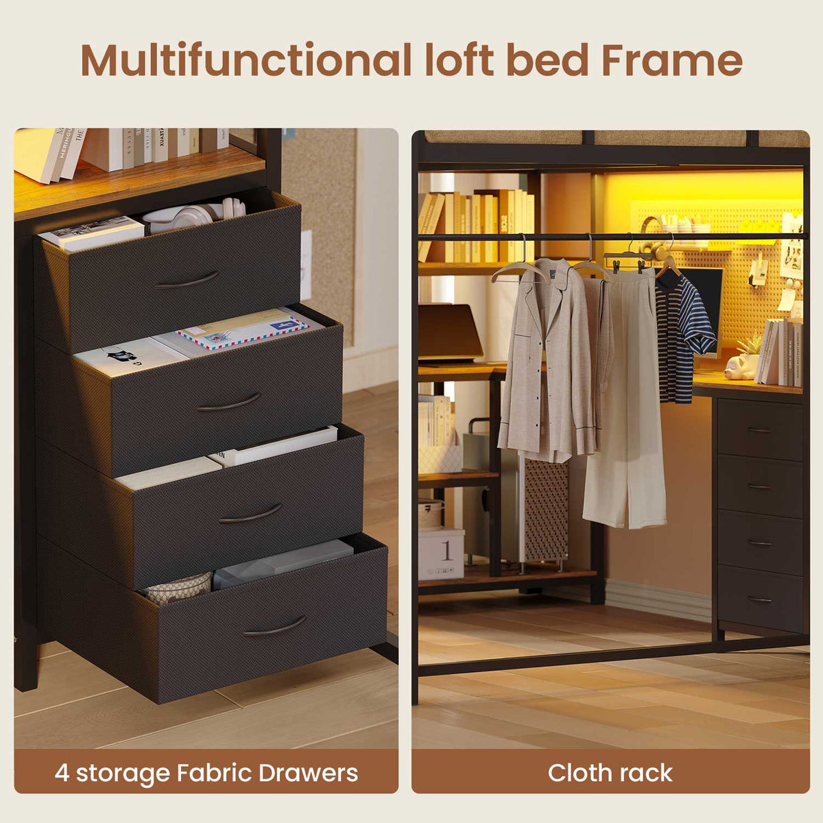 Full Size Loft Bed with L Shaped Desk LED Light and Storage Black