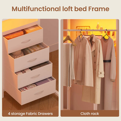 Twin Loft Bed with L Shape Desk RGB LED Light White