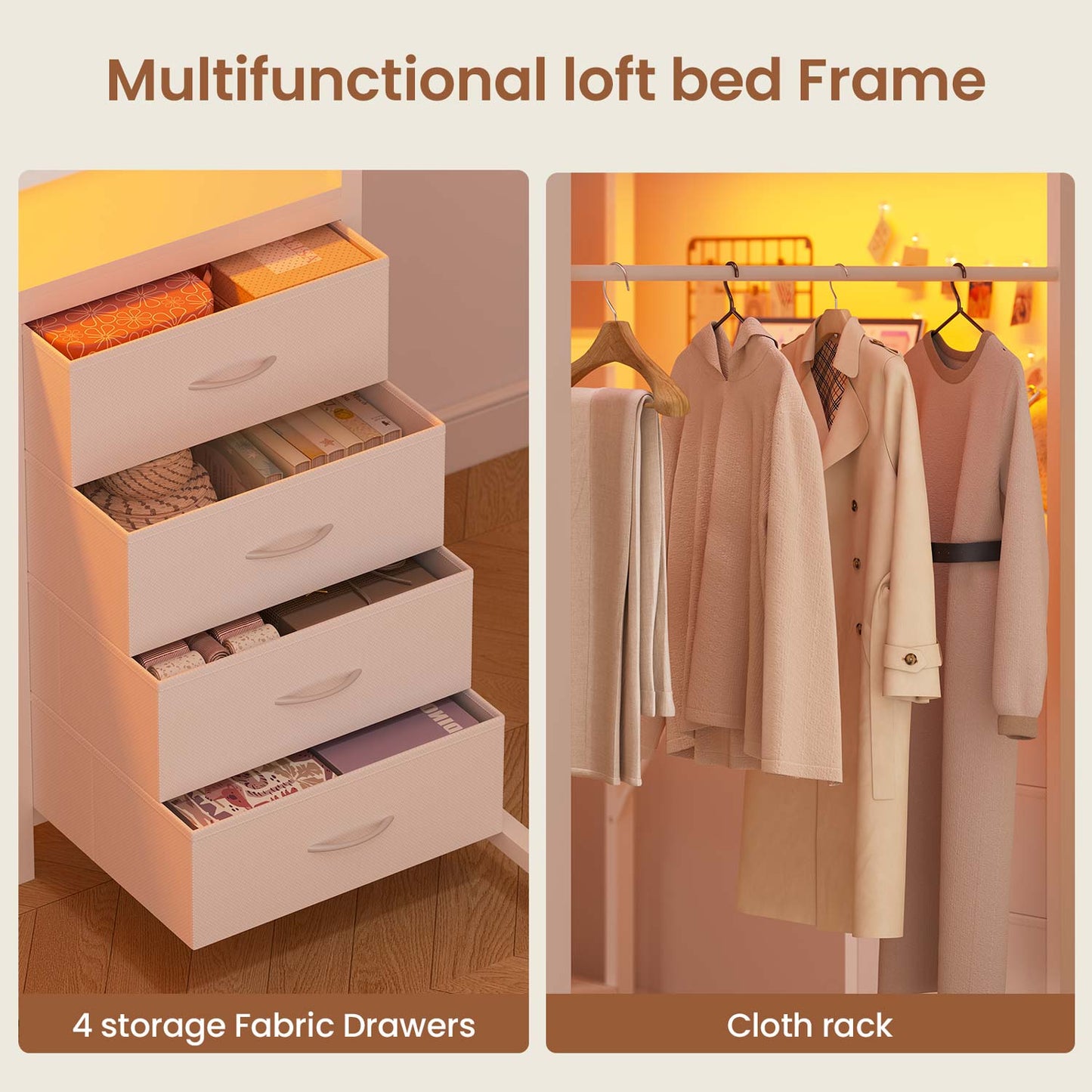 Full Size Loft Bed with L Shaped Desk LED Light and Storage White