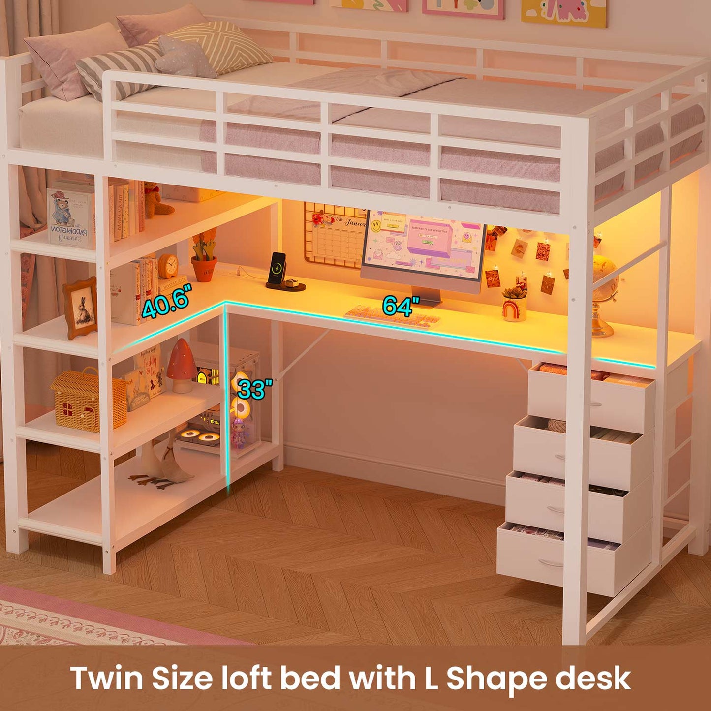 Twin Loft Bed with L Shape Desk RGB LED Light White