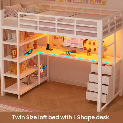 Full Size Loft Bed with L Shaped Desk LED Light and Storage White