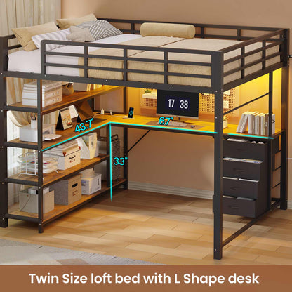 Full Size Loft Bed with L Shaped Desk LED Light and Storage Black