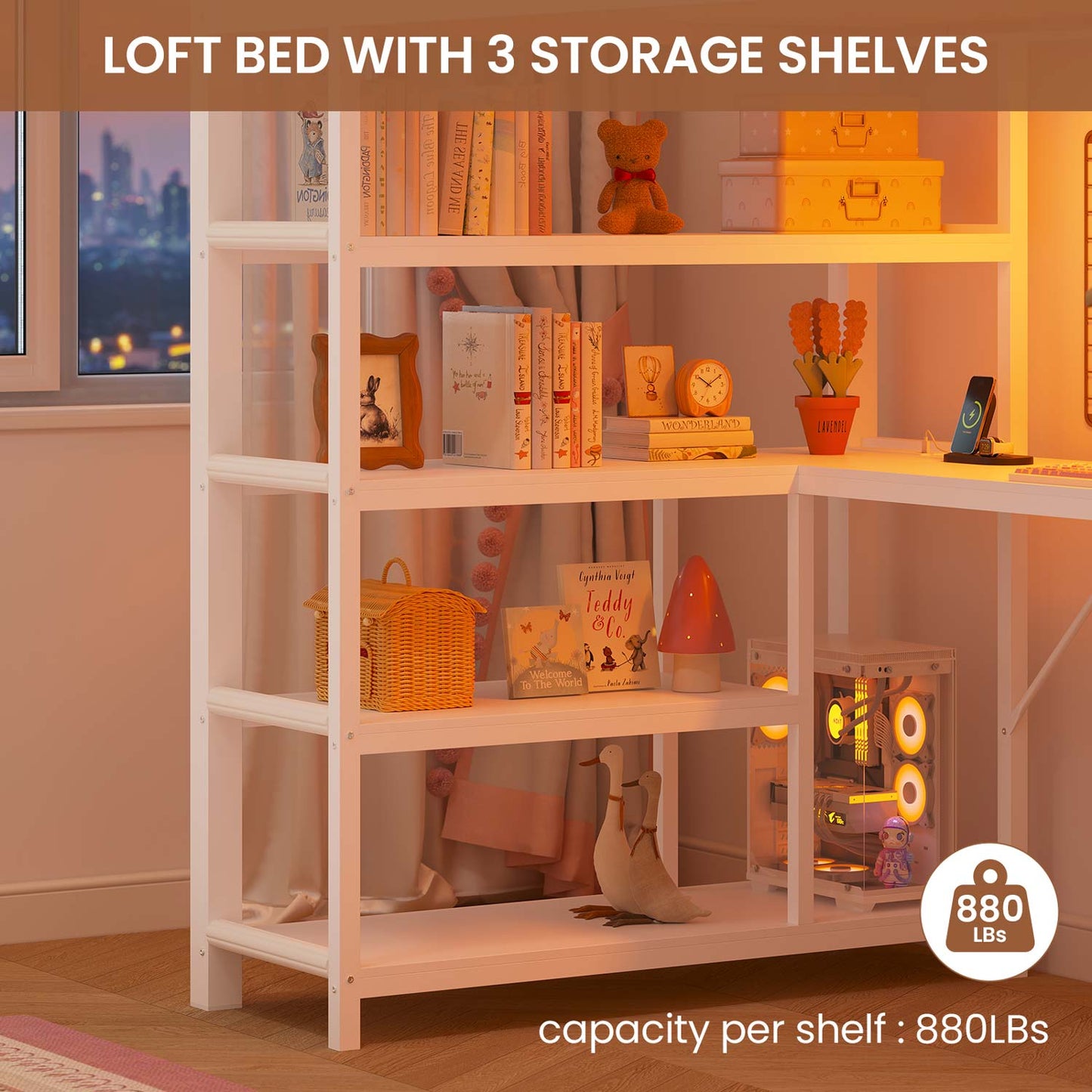 Twin Loft Bed with L Shape Desk RGB LED Light White